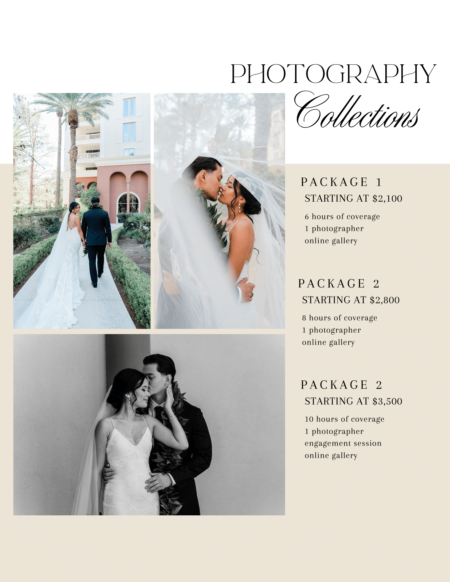 Modern wedding photography pricing menu showing three collections with romantic black and white sample photos.
