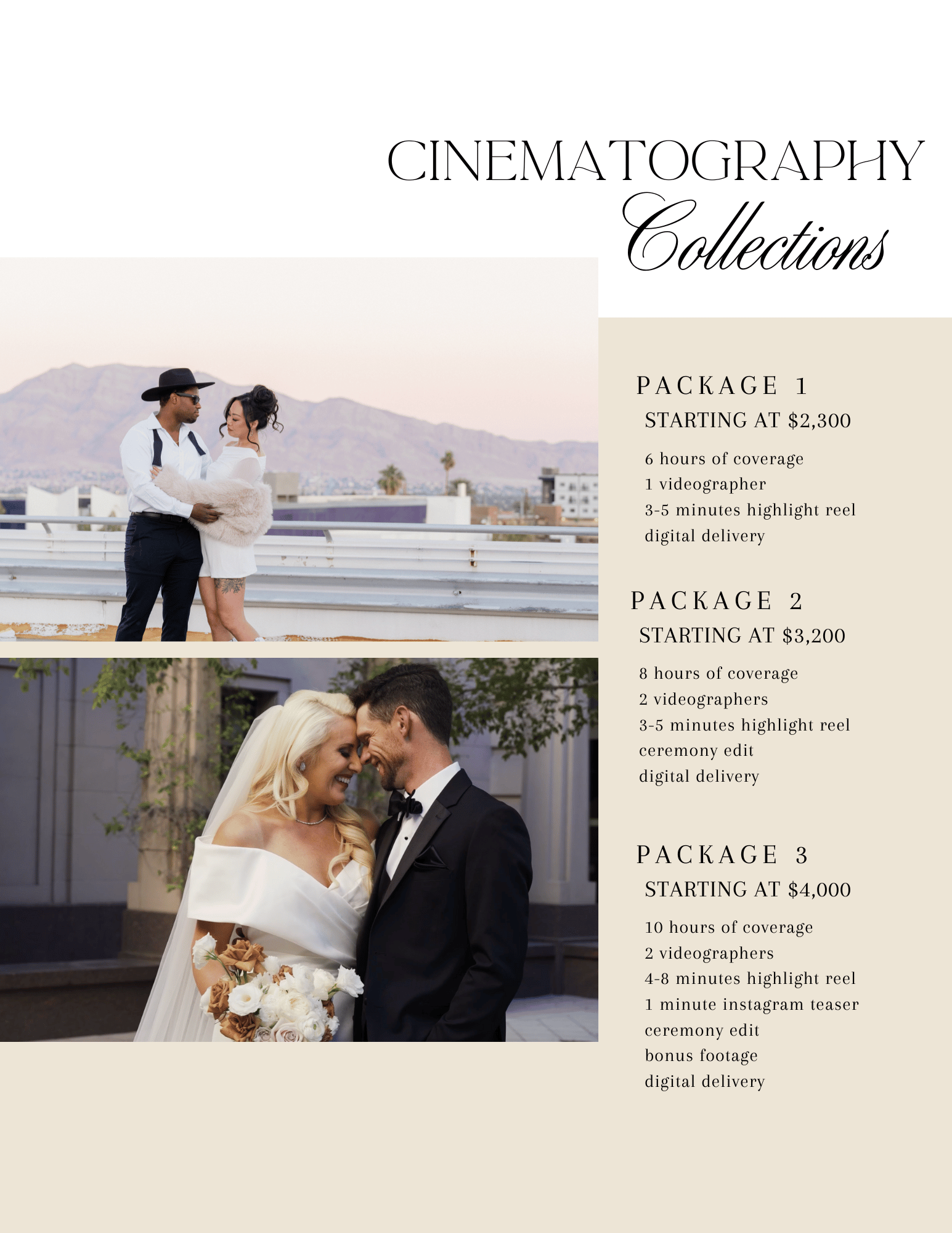Wedding photography service packages and pricing menu displayed with romantic beach ceremony photo.