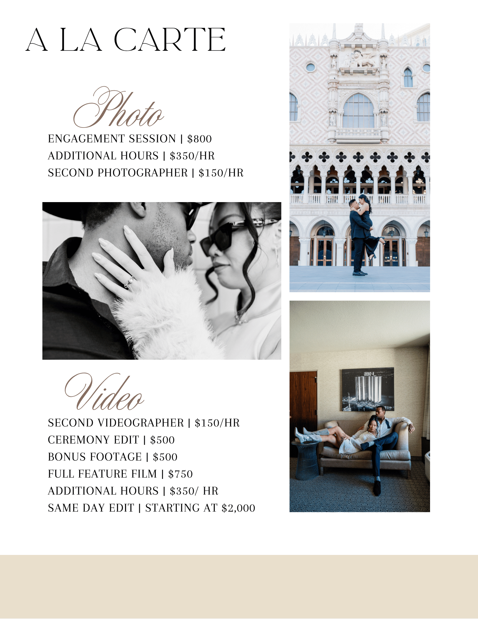 A wedding package pricing menu showing various photography and videography services with venue shots and lifestyle photos.