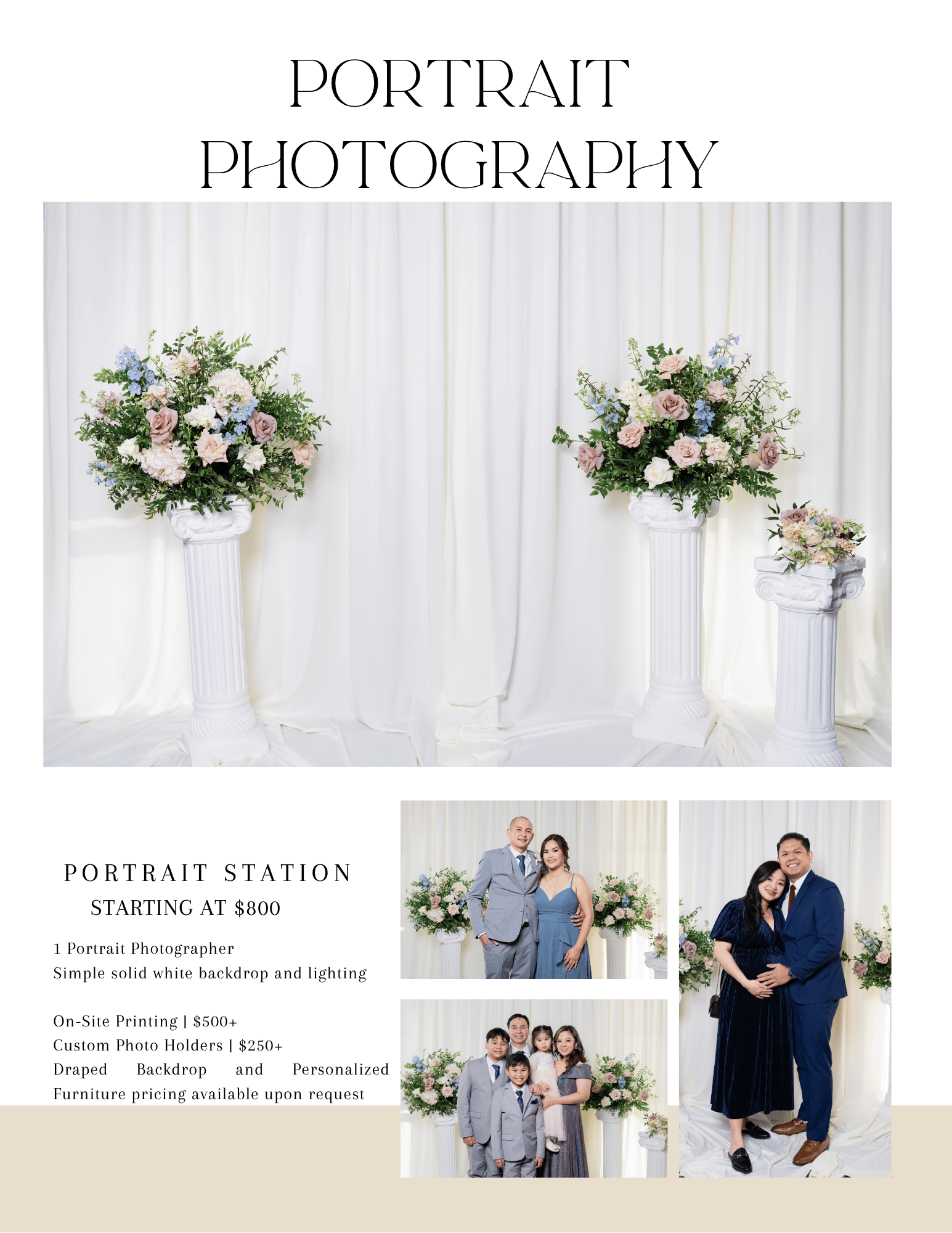 Professional photography pricing guide layout with floral arrangements and portrait samples.