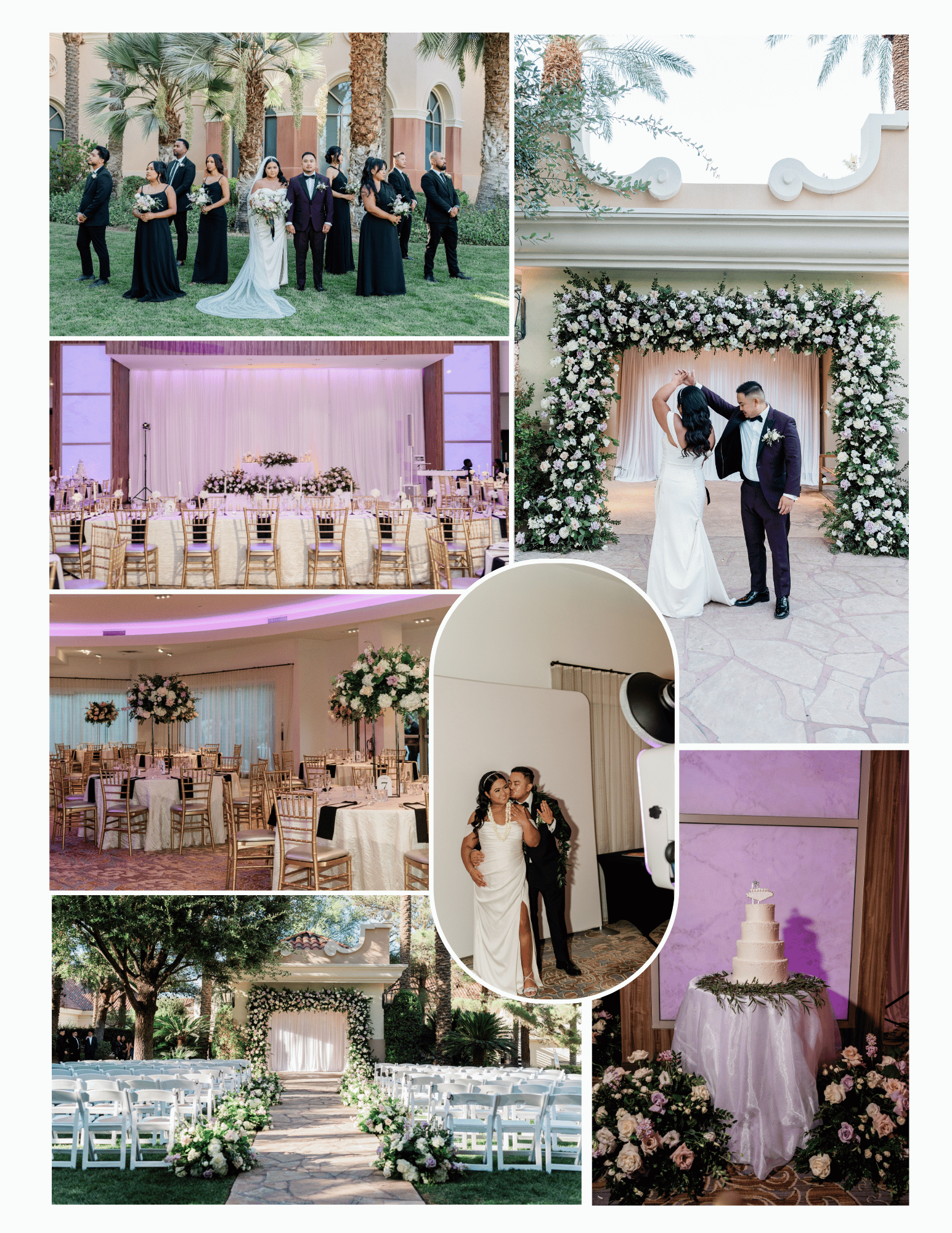 Wedding venue collage featuring ceremony setups, receptions with purple lighting, floral arches, and elegant decor details.