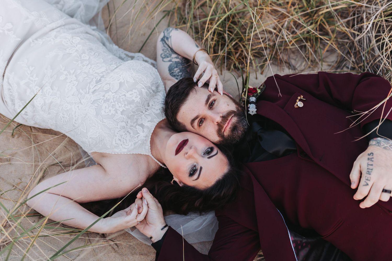 A bride and groom pose in dreamy sunlit woodland settings during their wedding photoshoot.