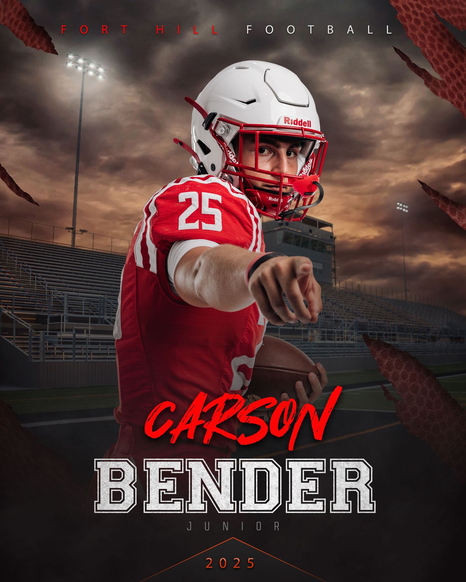 Football player in red uniform number 25 poses against dramatic stadium backdrop.