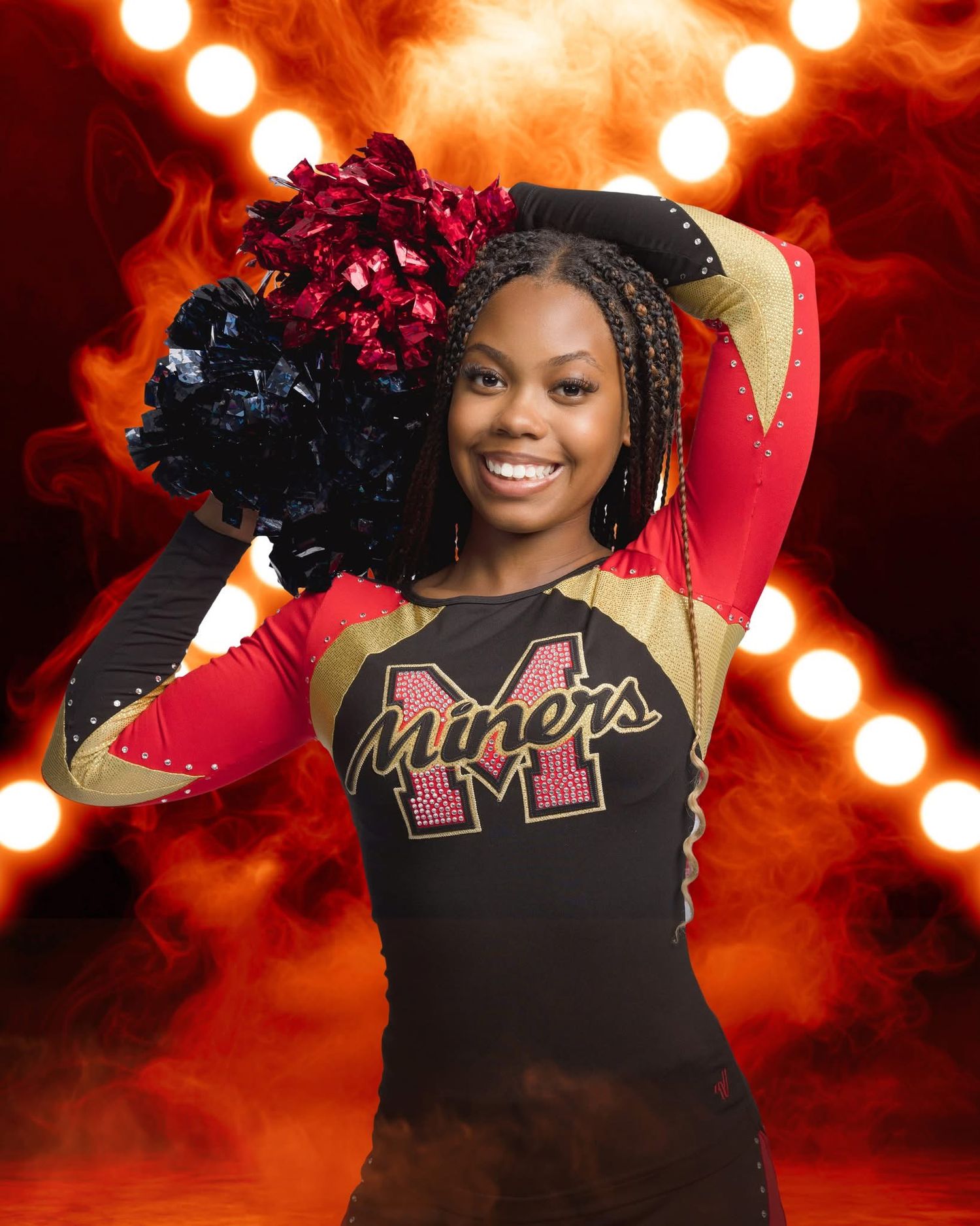 Cheerleader strikes dynamic poses in black and red uniform with bright orange backdrop.
