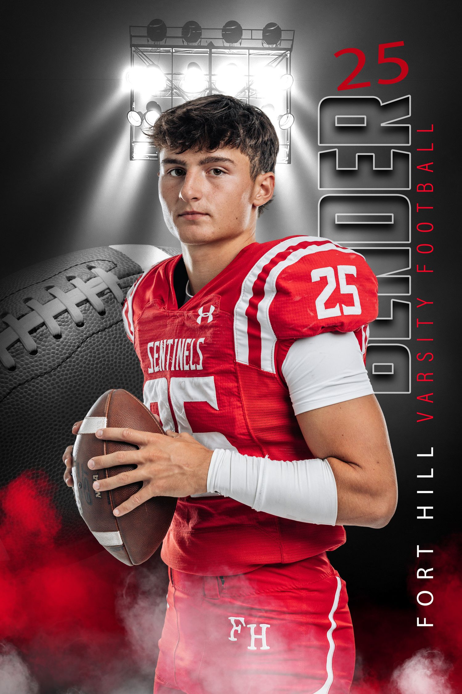 Dramatic sports photo collage featuring football player in red and white uniform holding ball with moody lighting effects.