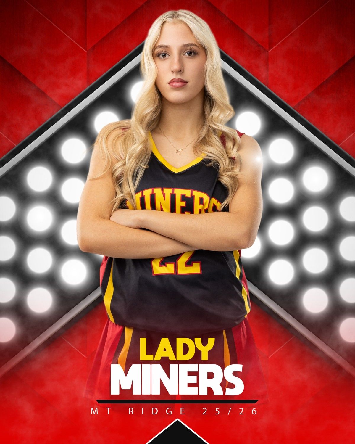 Basketball player poses in black and gold uniform against dramatic red background with bright spotlights.