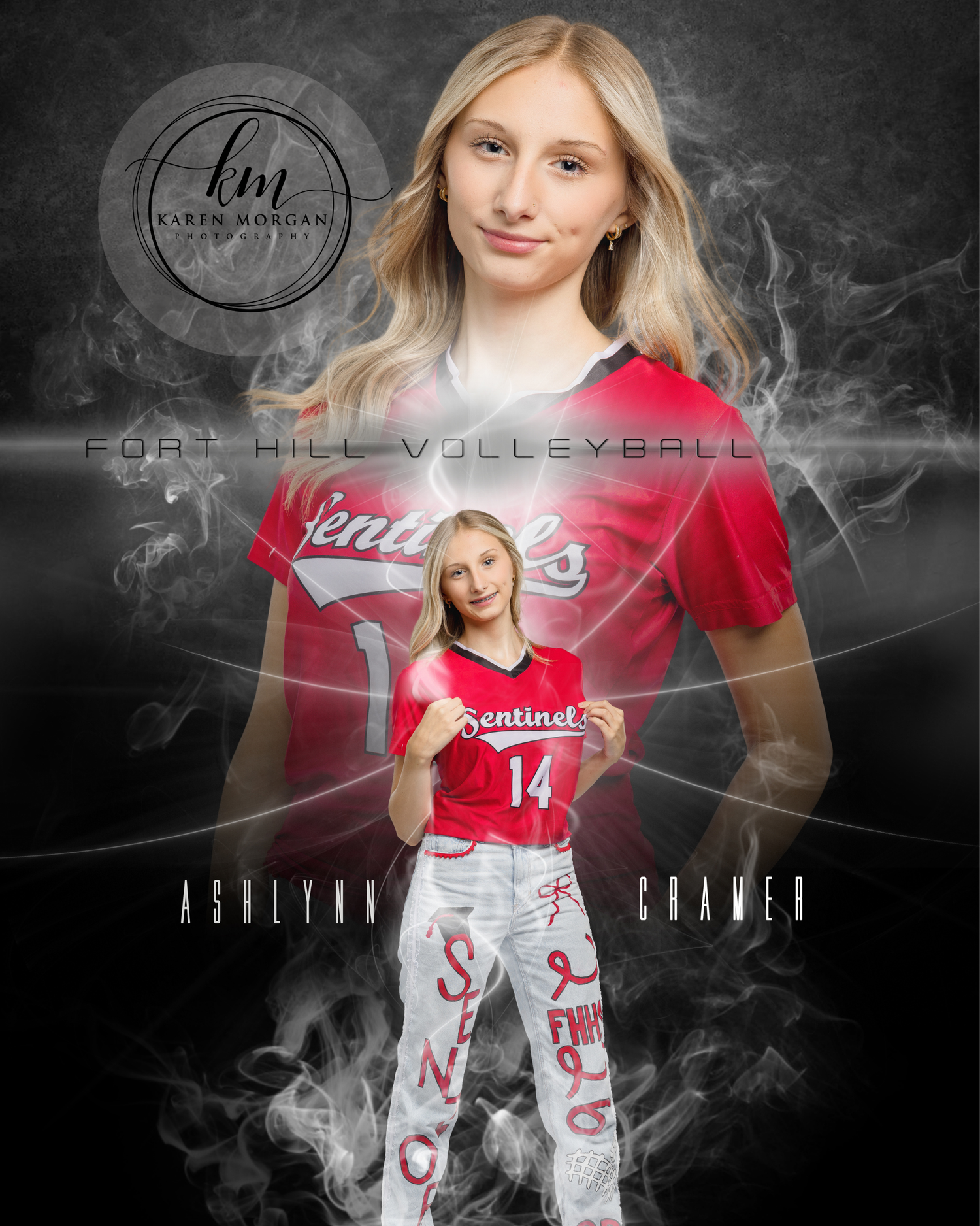 Volleyball player composite photo with smoke effects and team branding.