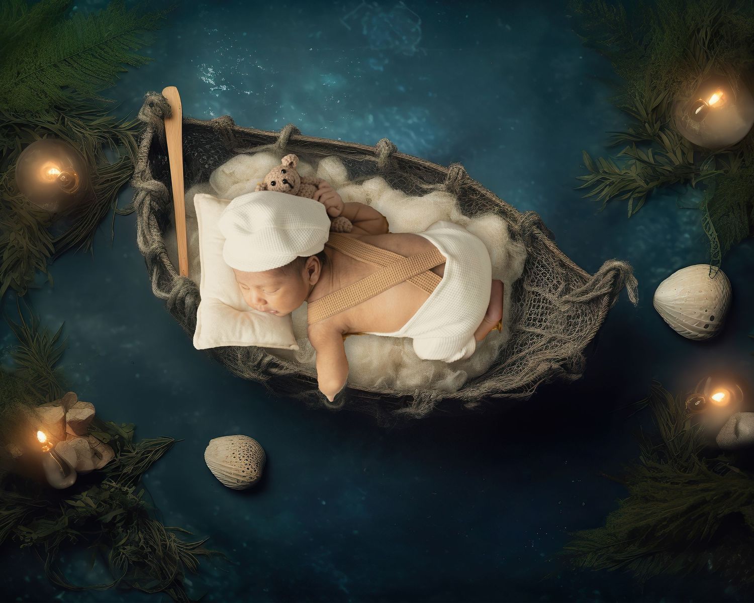 A dreamy underwater photography series featuring a floating figure in ethereal white fabric against a dark teal background.