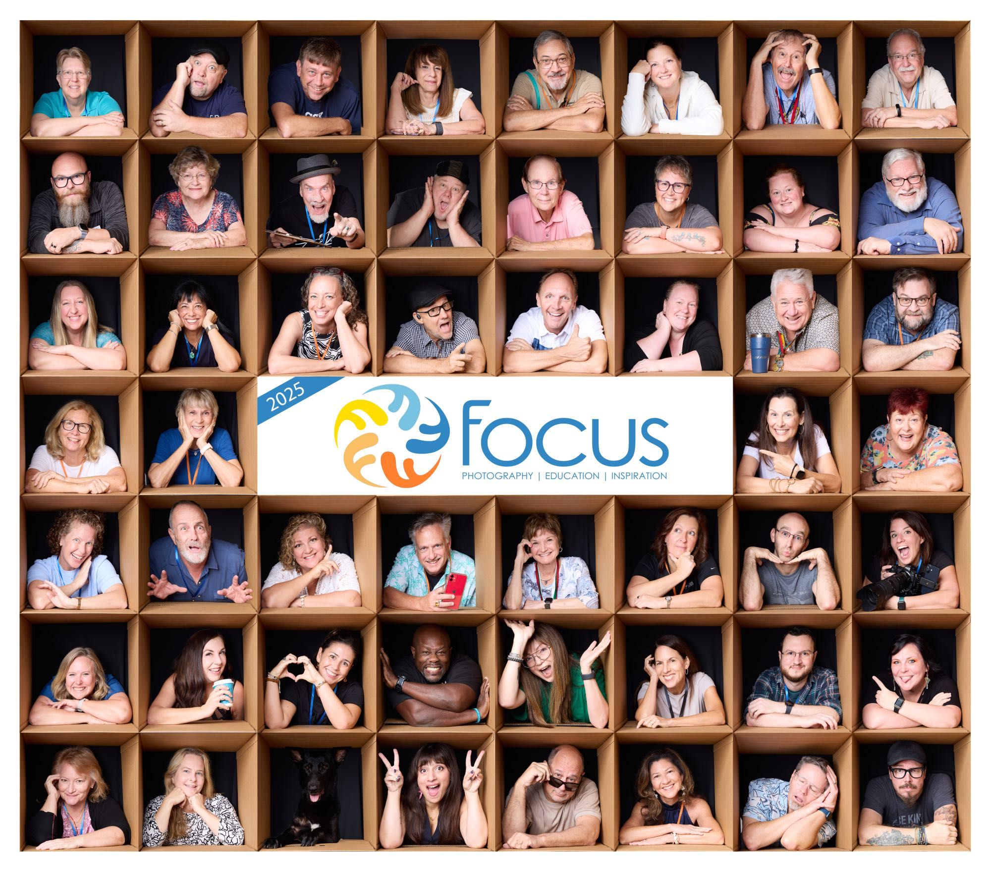A grid-style photoshoot of headshots showing different expressions with the Focus logo in the center.