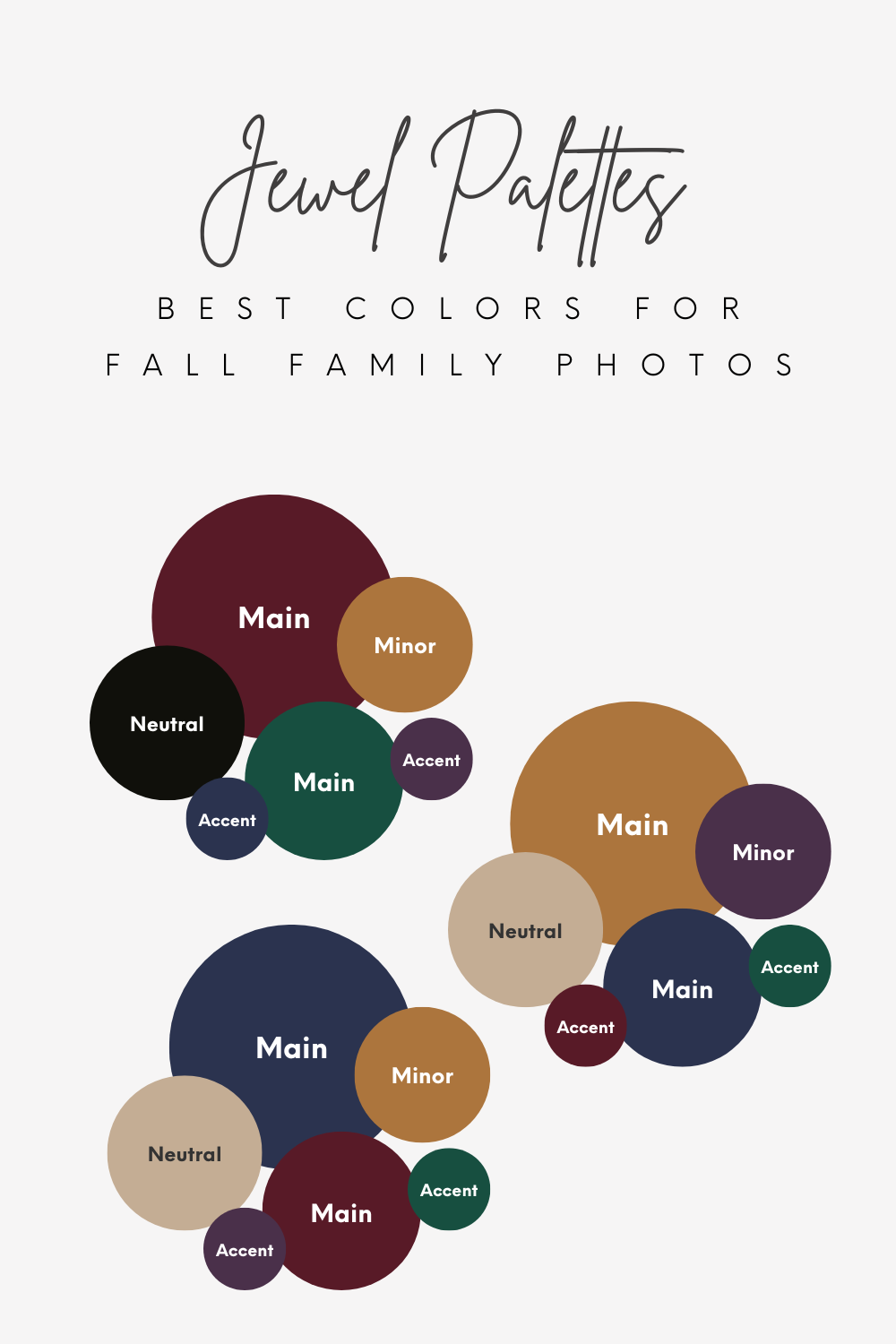 Color palette chart showing rich jewel tones and neutral shades arranged in circular patterns for fall family photo styling.