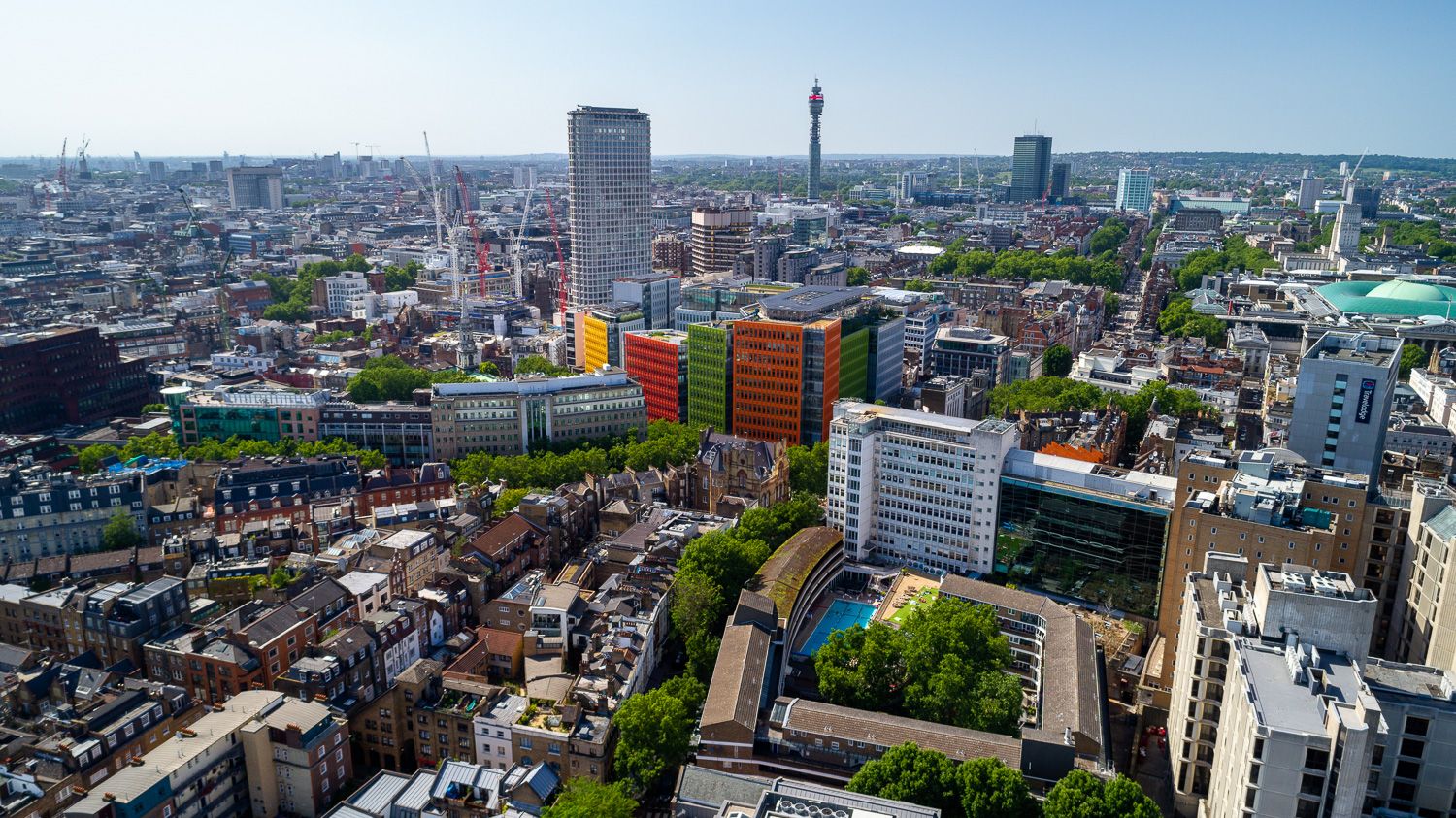 Architectural drone photograph of Google offices and Telecom Tower, London