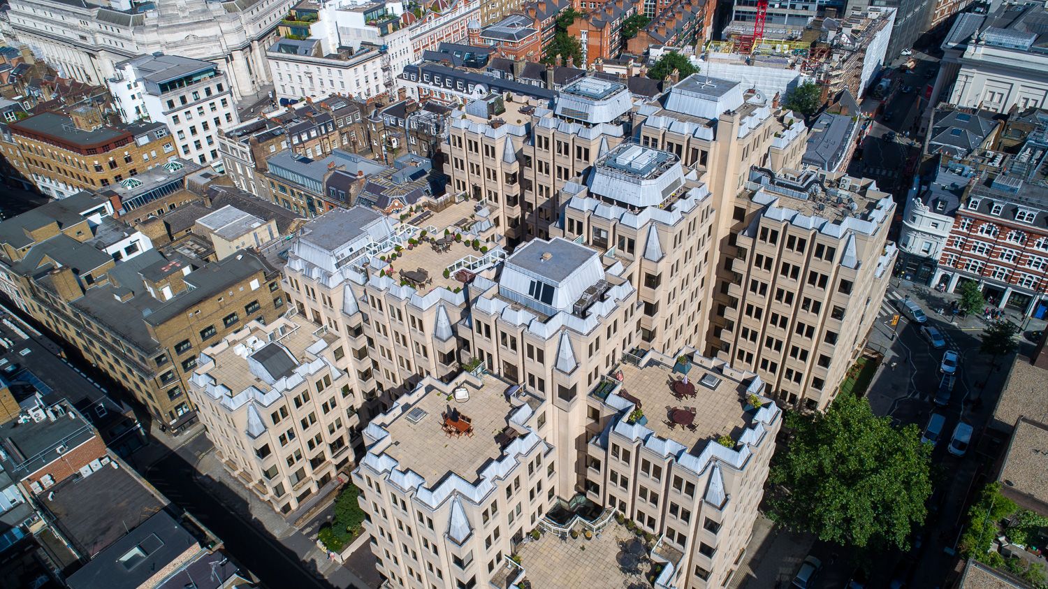 Architectural drone photograph of 90 Long Acre, Westminster, London