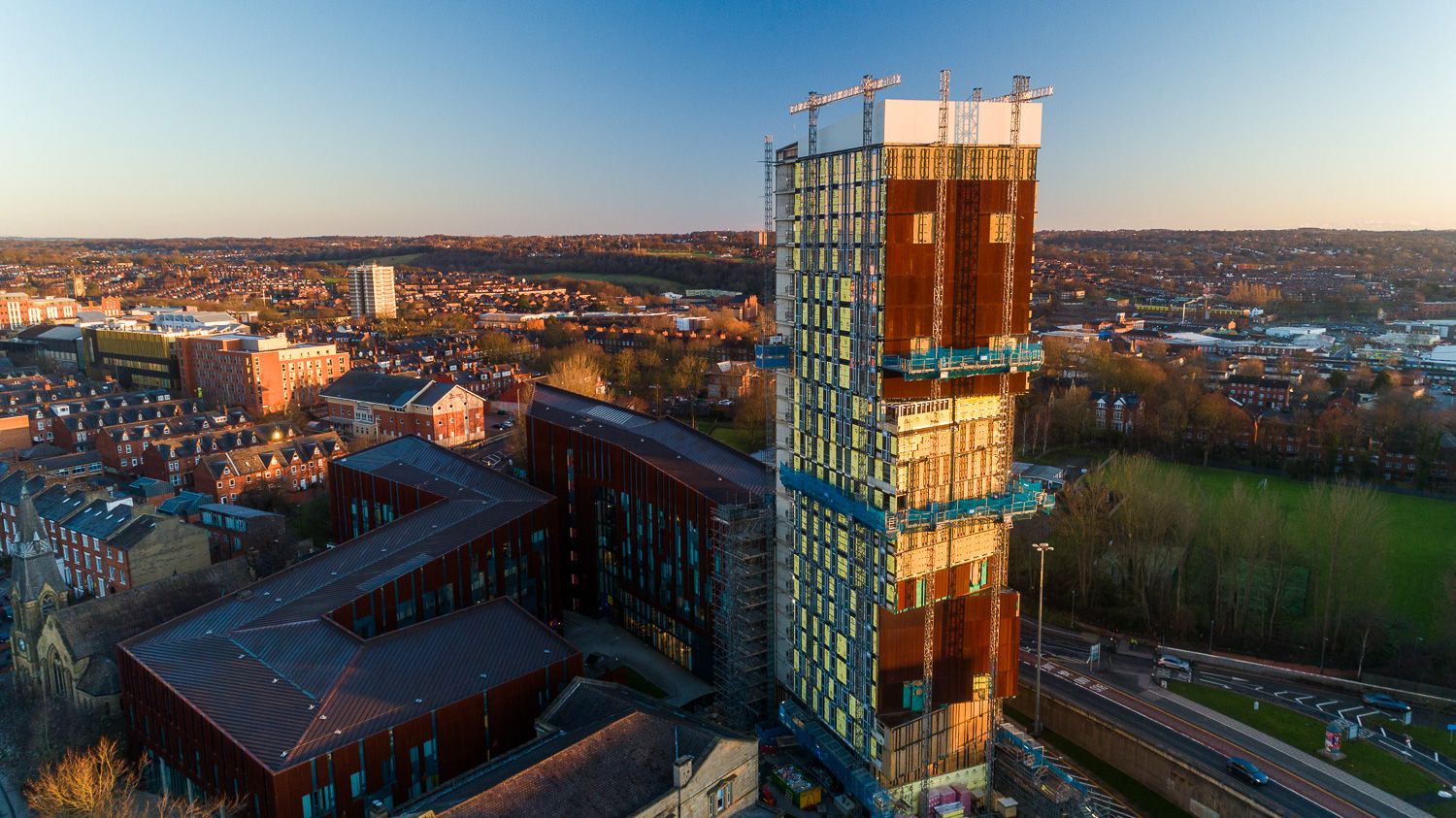 Architectural drone photograph of Broadcast House, Leeds
