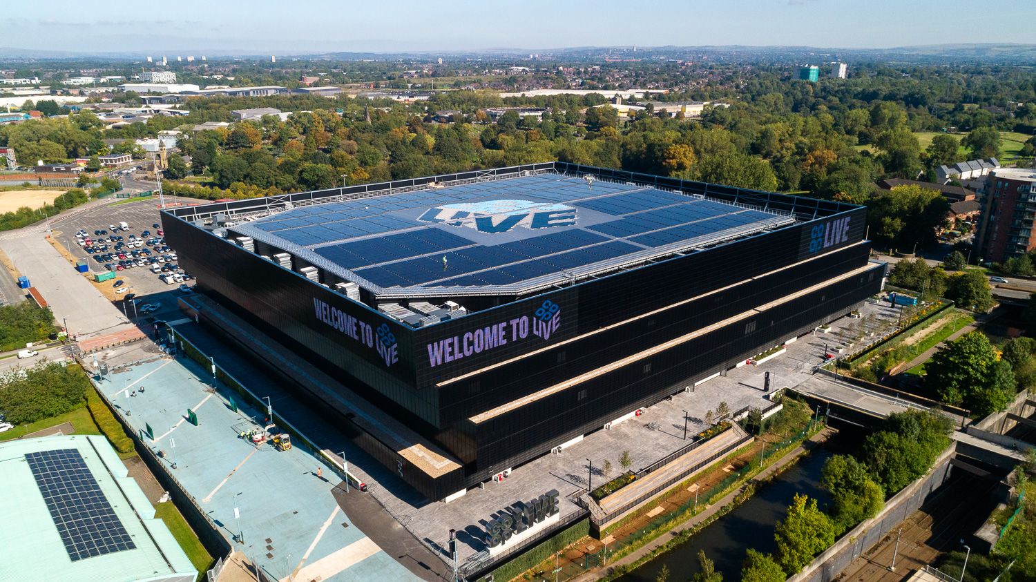 Architectural drone photograph of Co-Op Live arena, Manchester