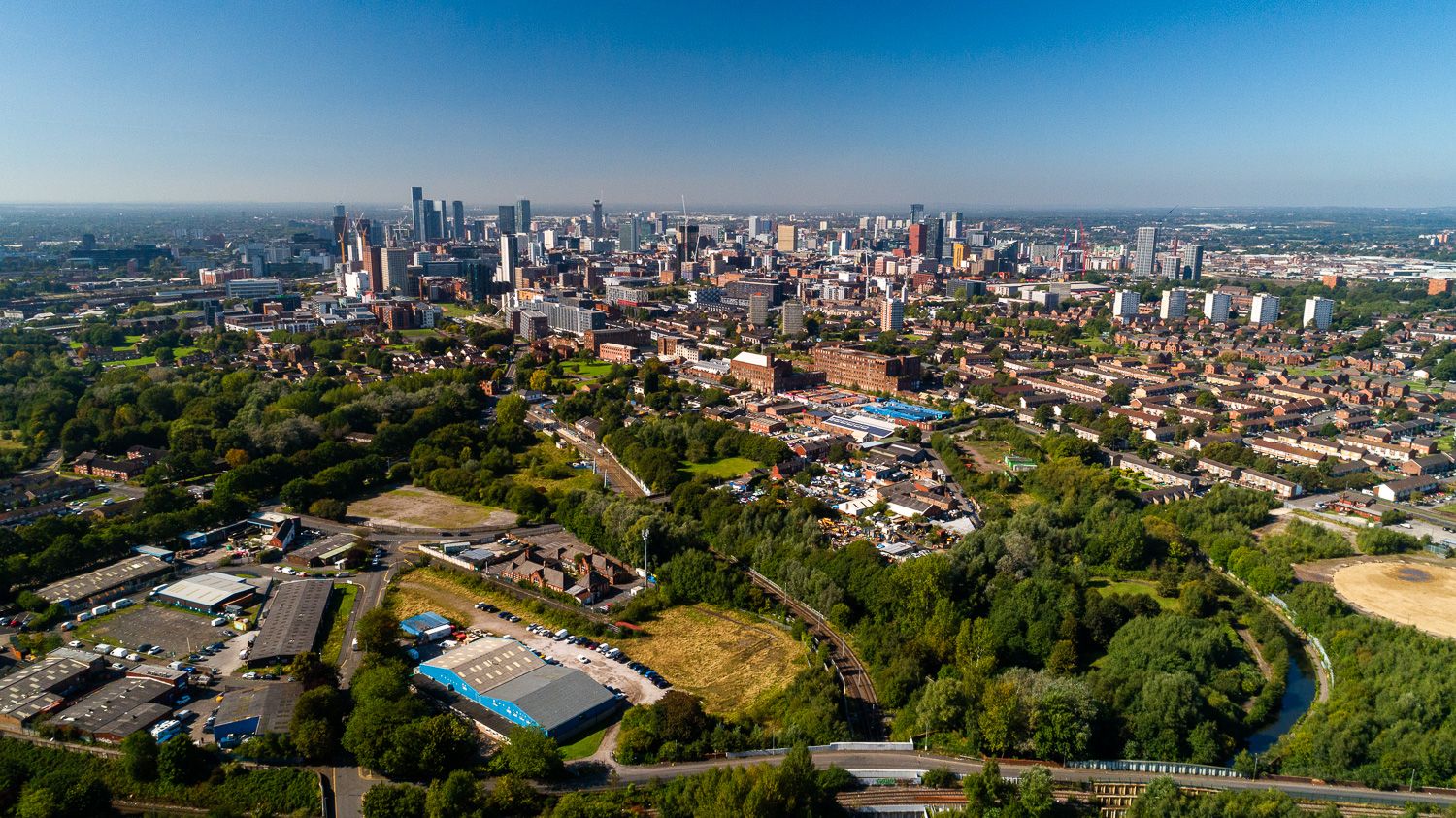 Architectural drone photograph of Manchester Skyline