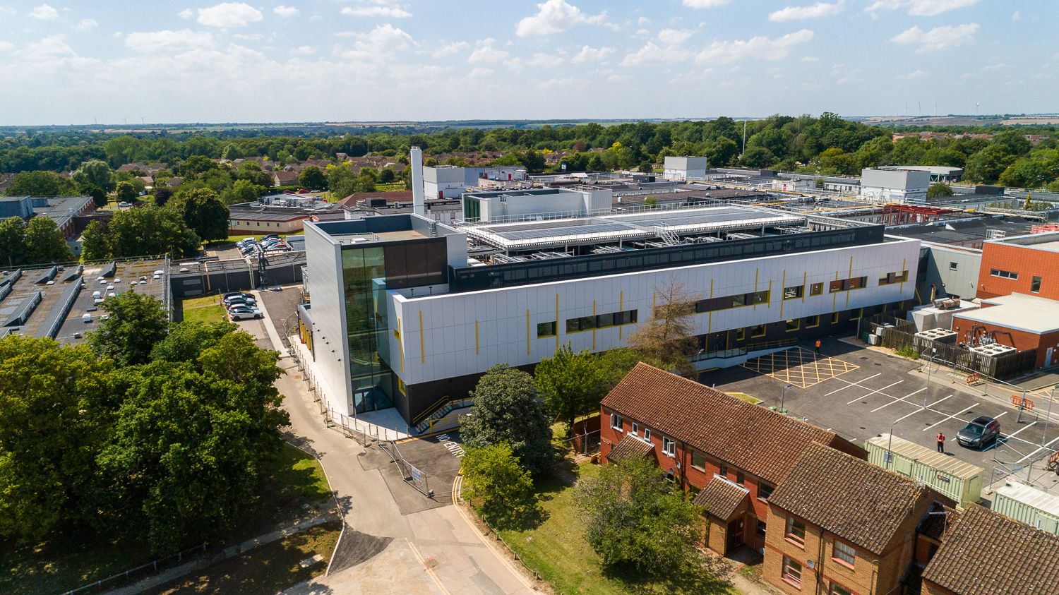 Architectural drone photograph of Hinchingbrooke Hospital, Huntingdon