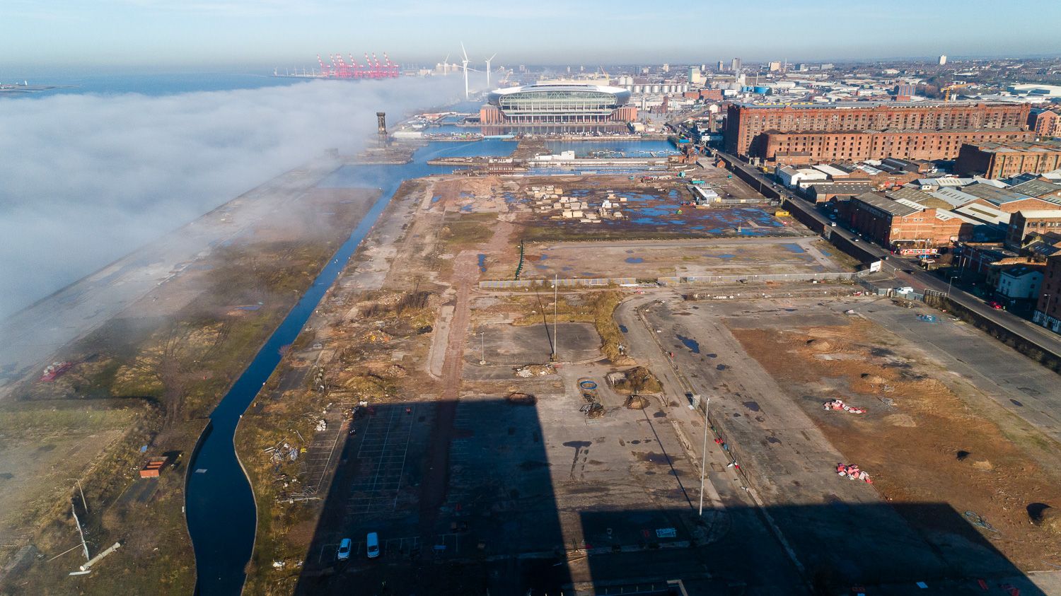 Drone photography of Bramley-Moore Dock with River Mersey in Fog, Liverpool