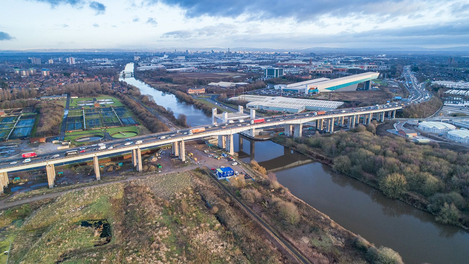 Architectural drone photograph of Barton Bridge, Manchester