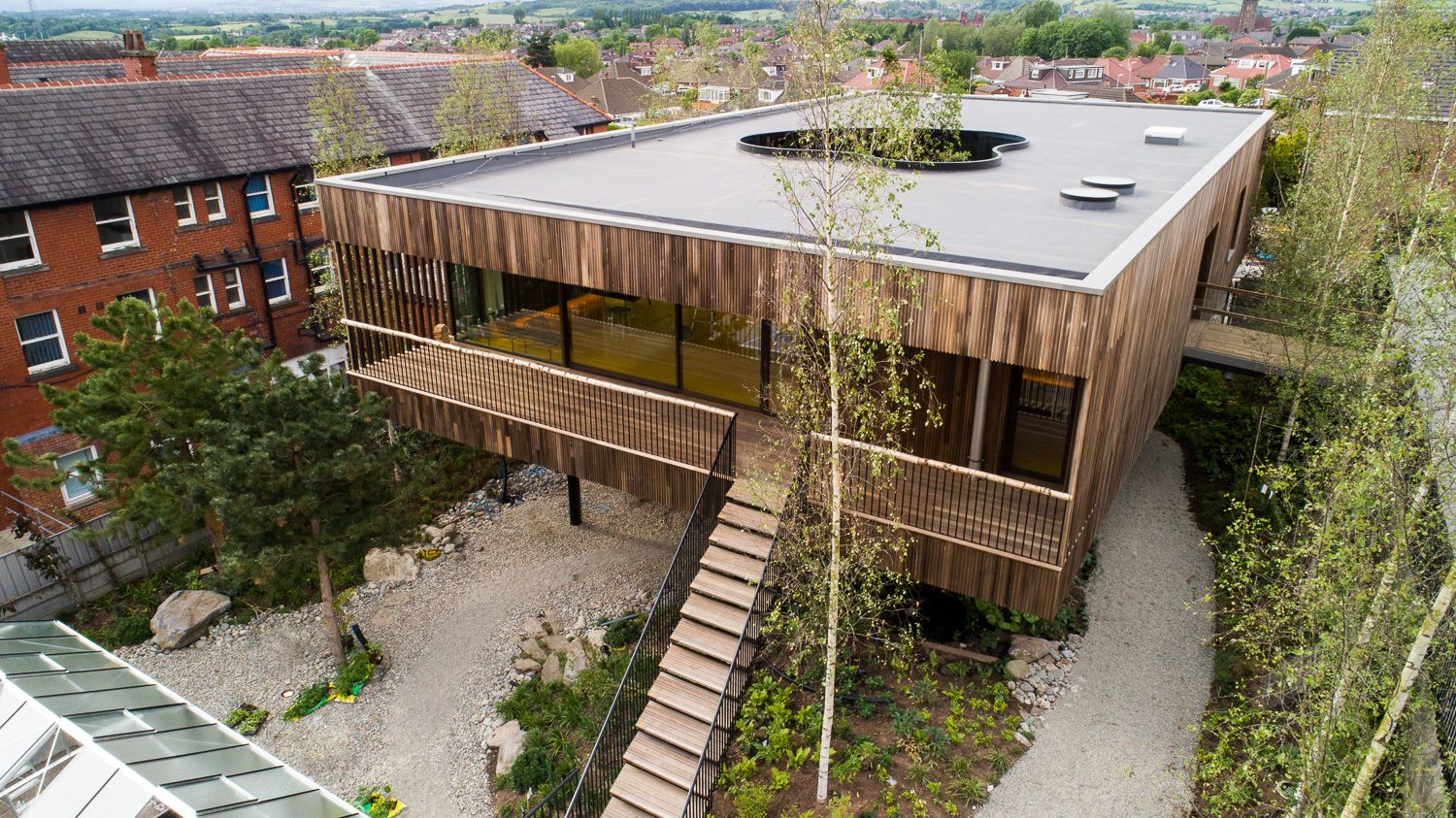 Architectural drone photograph of Maggie's Oldham