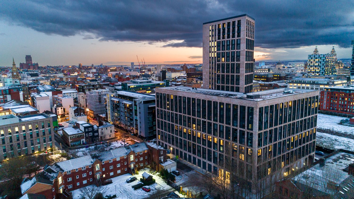 Architectural drone photograph of Pall Mall Apartments, Liverpool