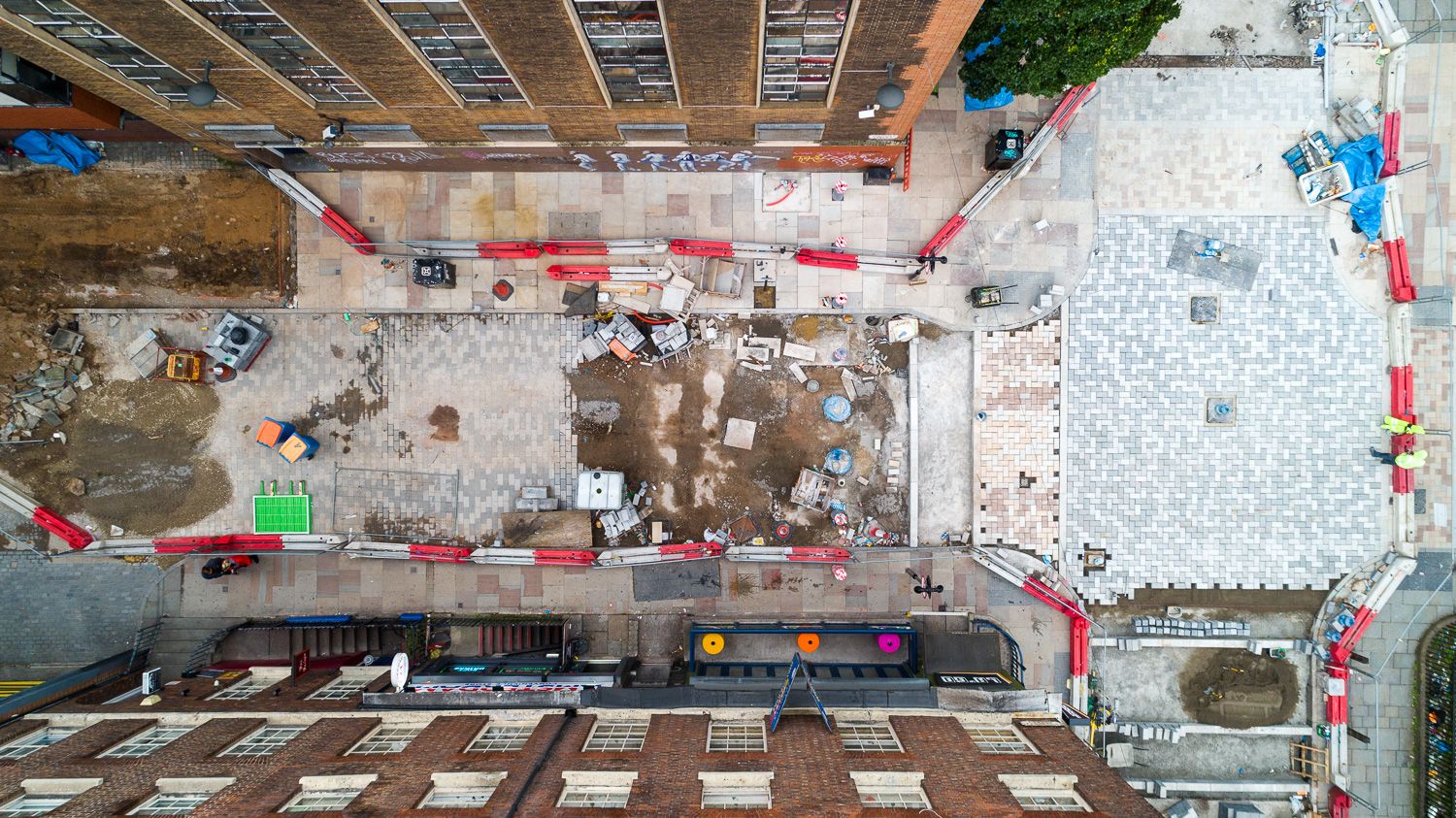 Overhead drone photograph of construction work on roads in Rope walks area of Liverpool