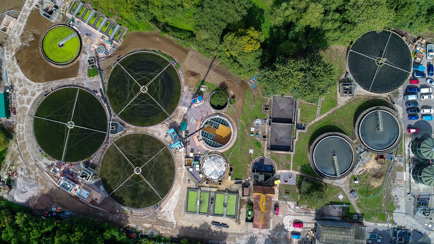 Overhead Architectural drone photograph of Waste Water Treatment Works