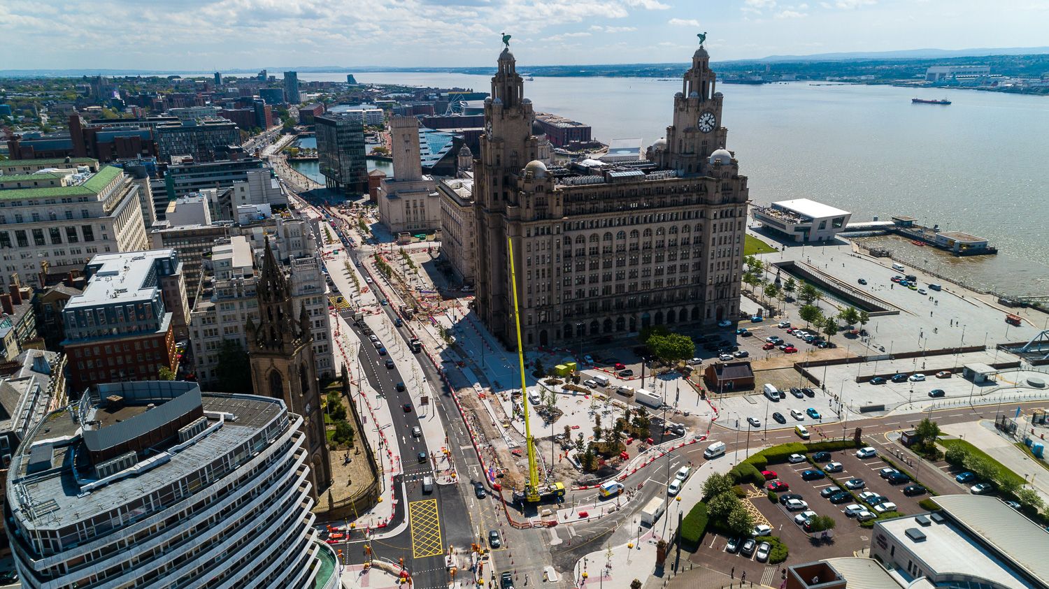 Drone photograph of construction works on The Strand, Liverpool