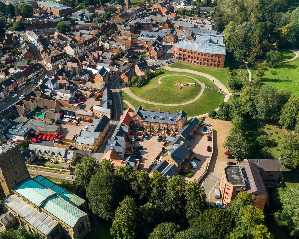 Architectural drone photograph of Towcester, Northamptonshire