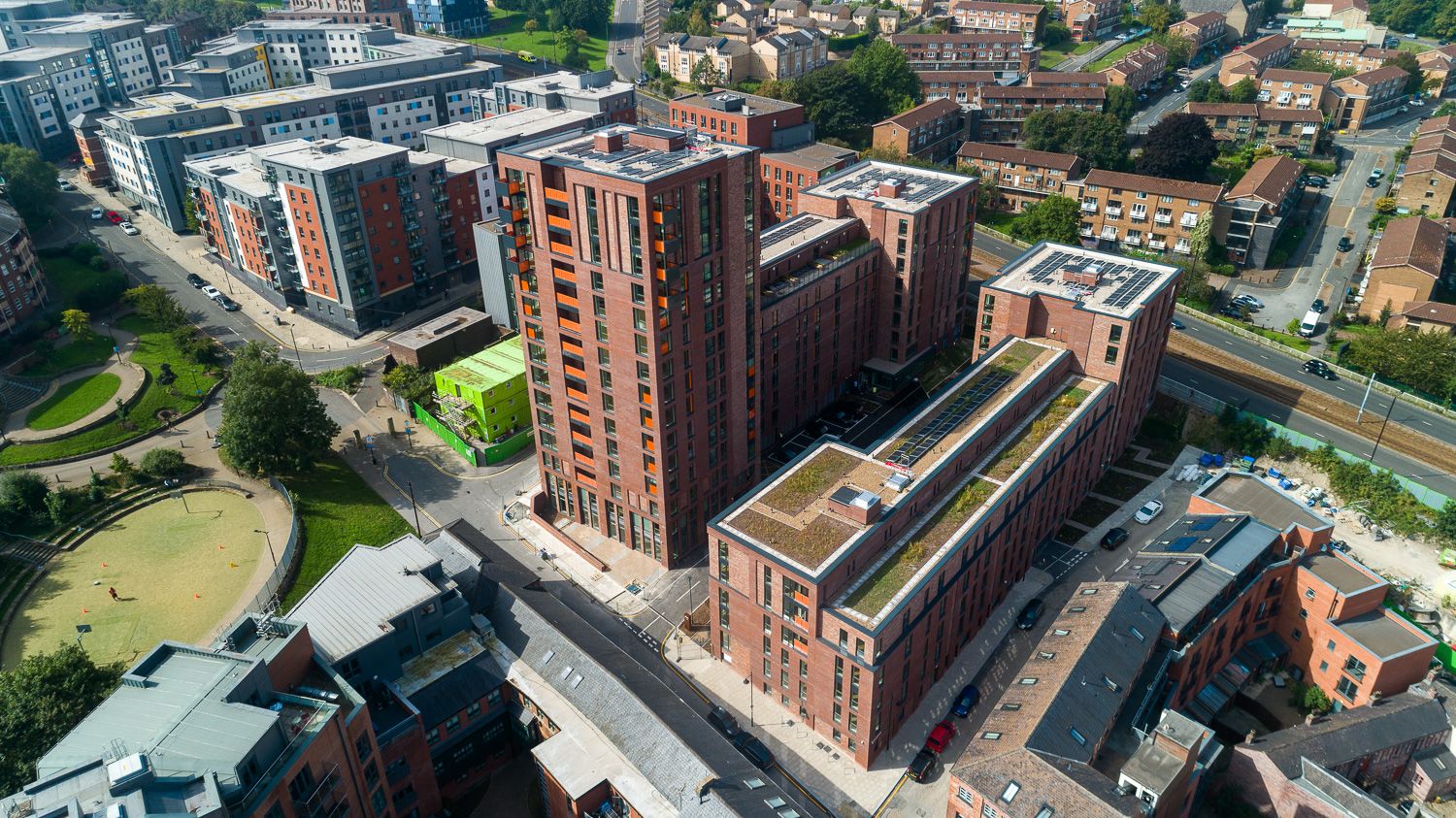 Architectural drone photograph of Trinity Apartments, Sheffield