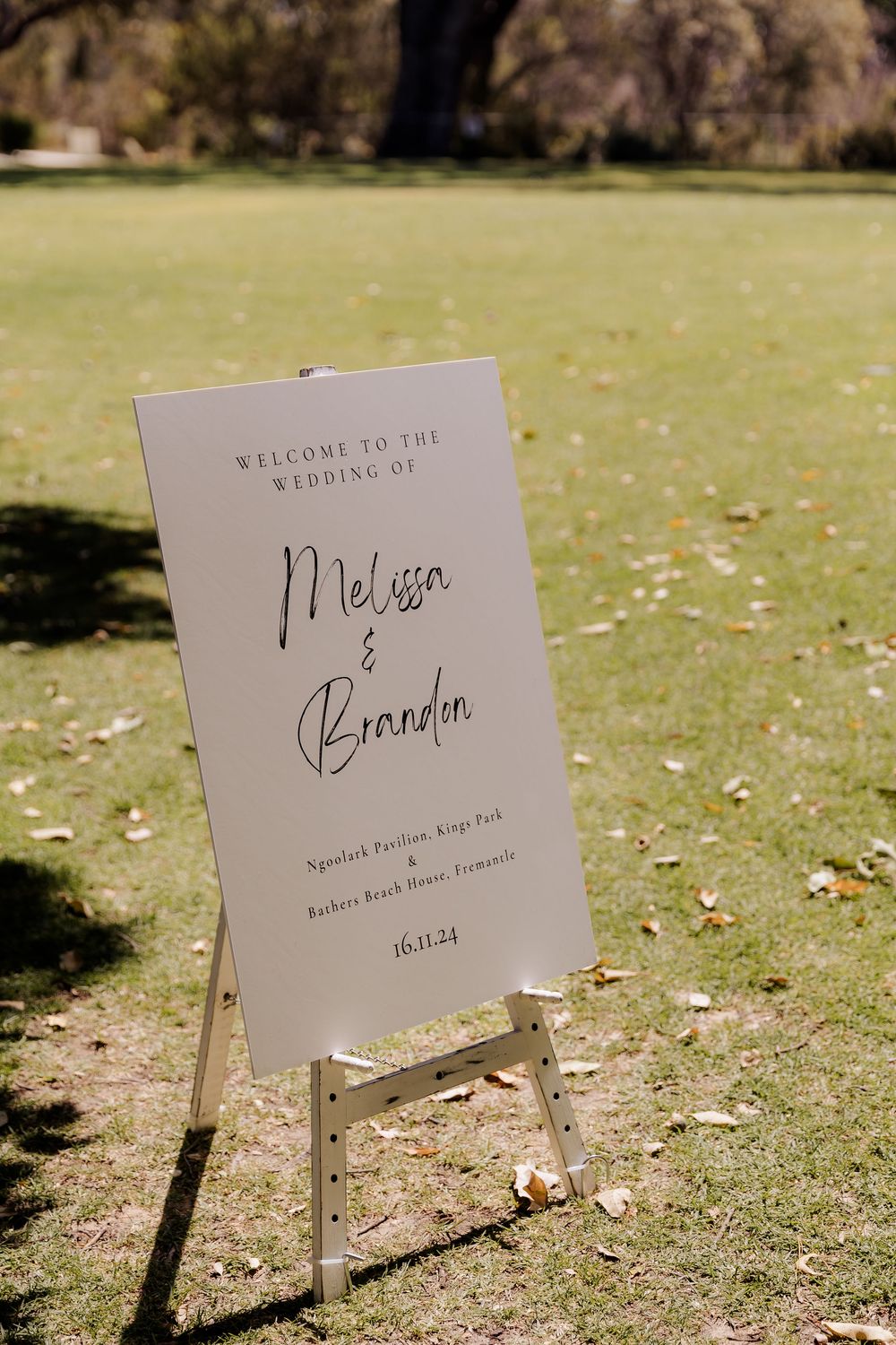 A series of white wedding welcome signs with handwritten text stand on metal easels in sunlit grass.