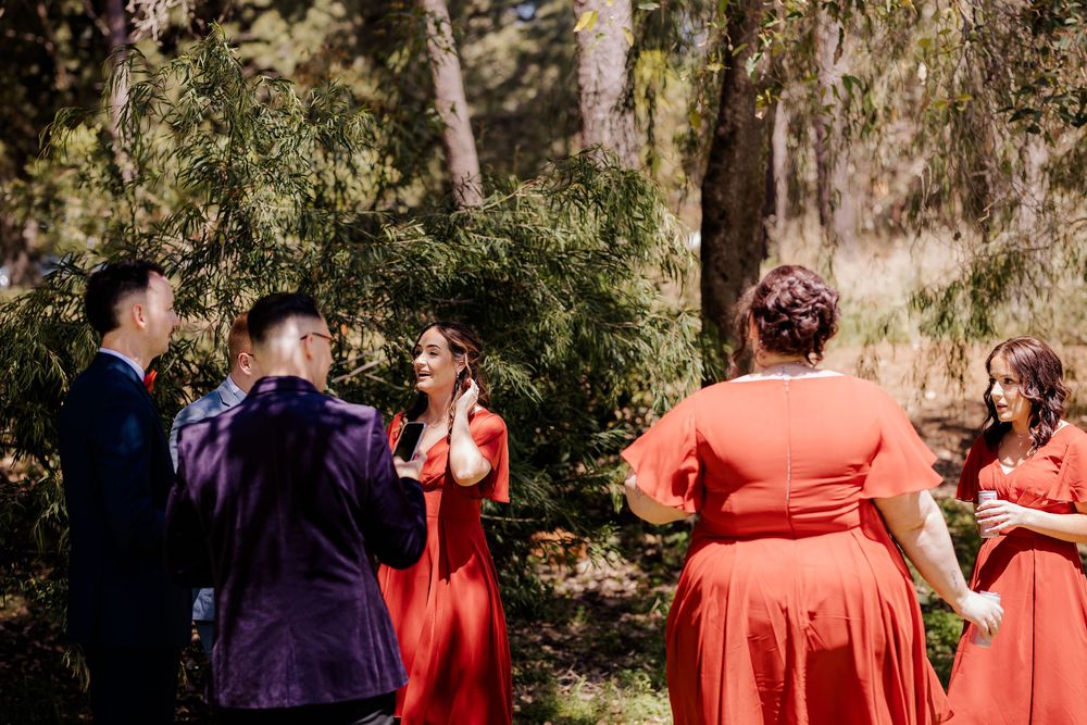A wedding party stands together in a sunlit wooded area with bridesmaids wearing coral-colored dresses.