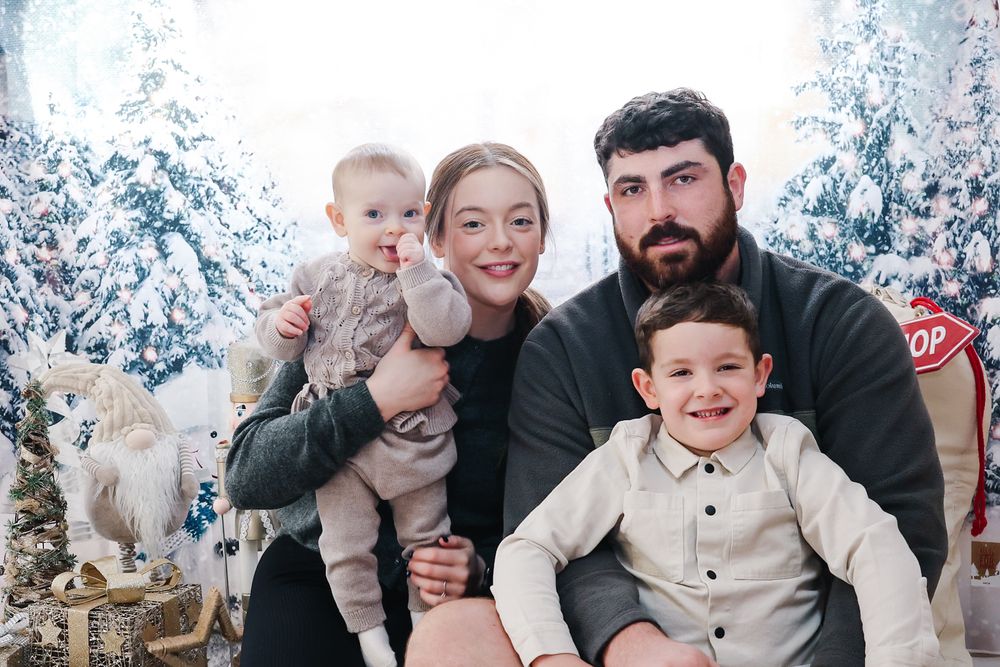 A collage of winter family photos with snow-covered trees and holiday decorations in the background.