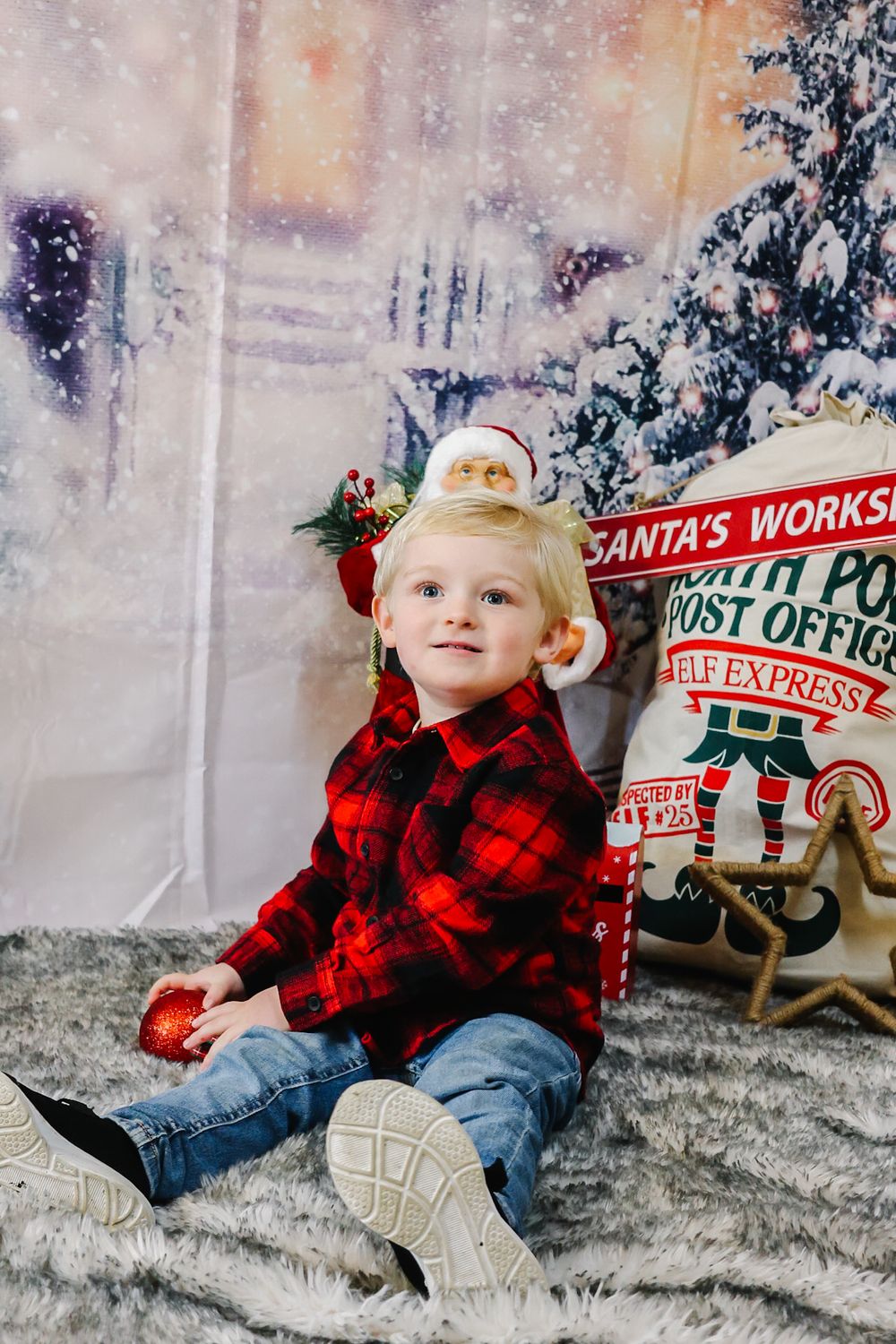 A series of holiday photos featuring a small child in a red plaid shirt sitting among Christmas decorations and snowy scenery.