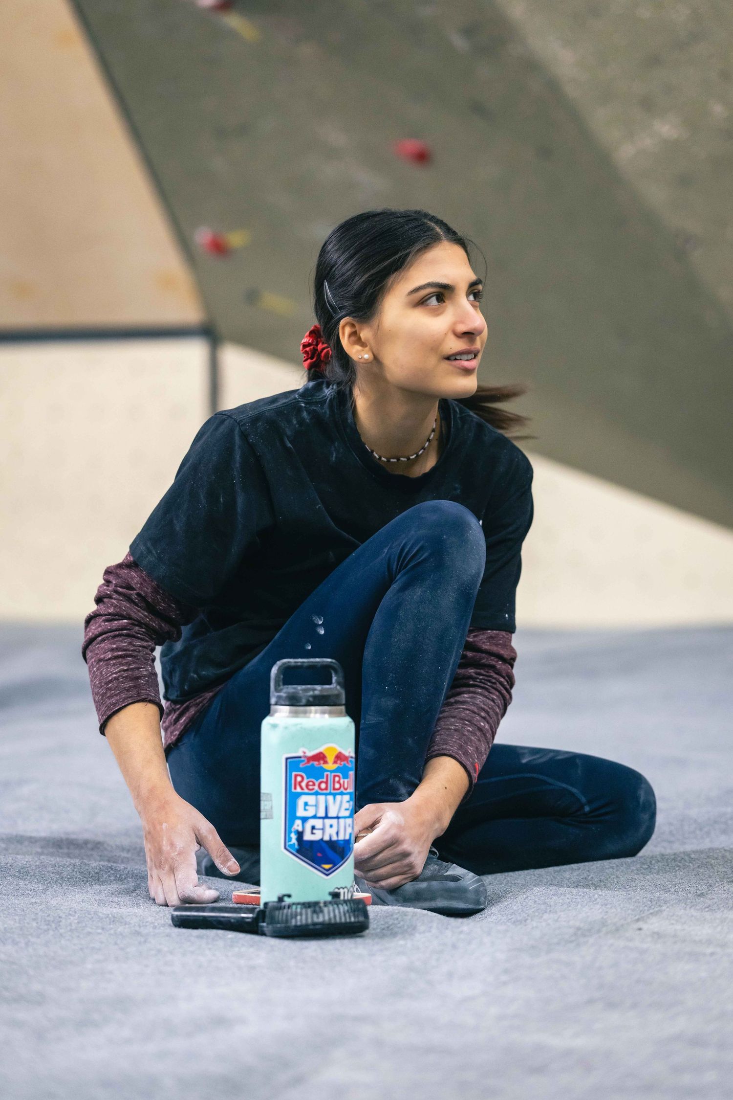 American climber Natalia Grossman bouldering at Karma gym, Fontainebleau - photo Jan Virt