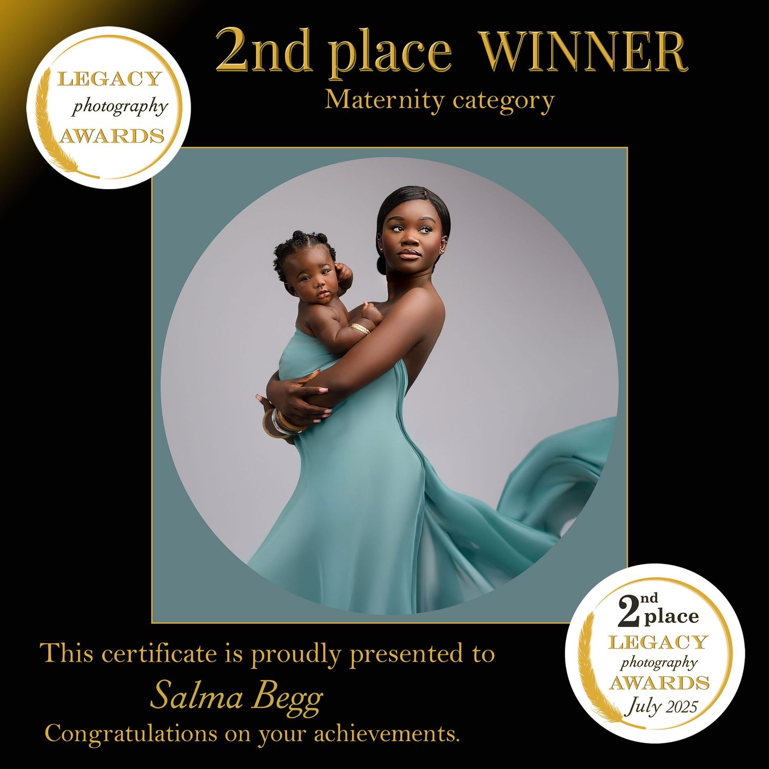 A collaged set of professional maternity photography award certificates and portraits in soft turquoise tones. maternity, sudanese, mother a