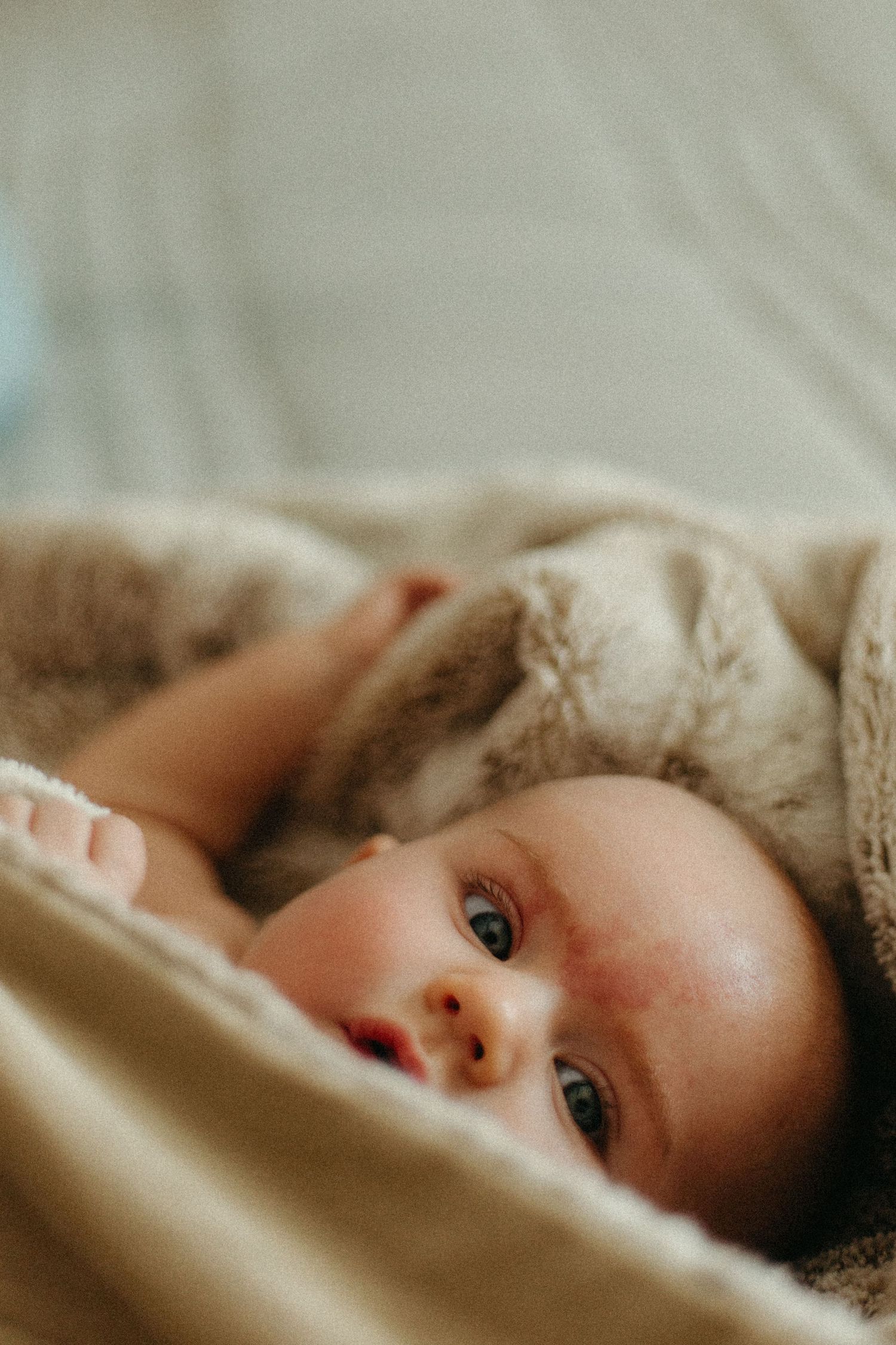 Close-up view of an infant nestled in soft beige blankets looking towards the camera.