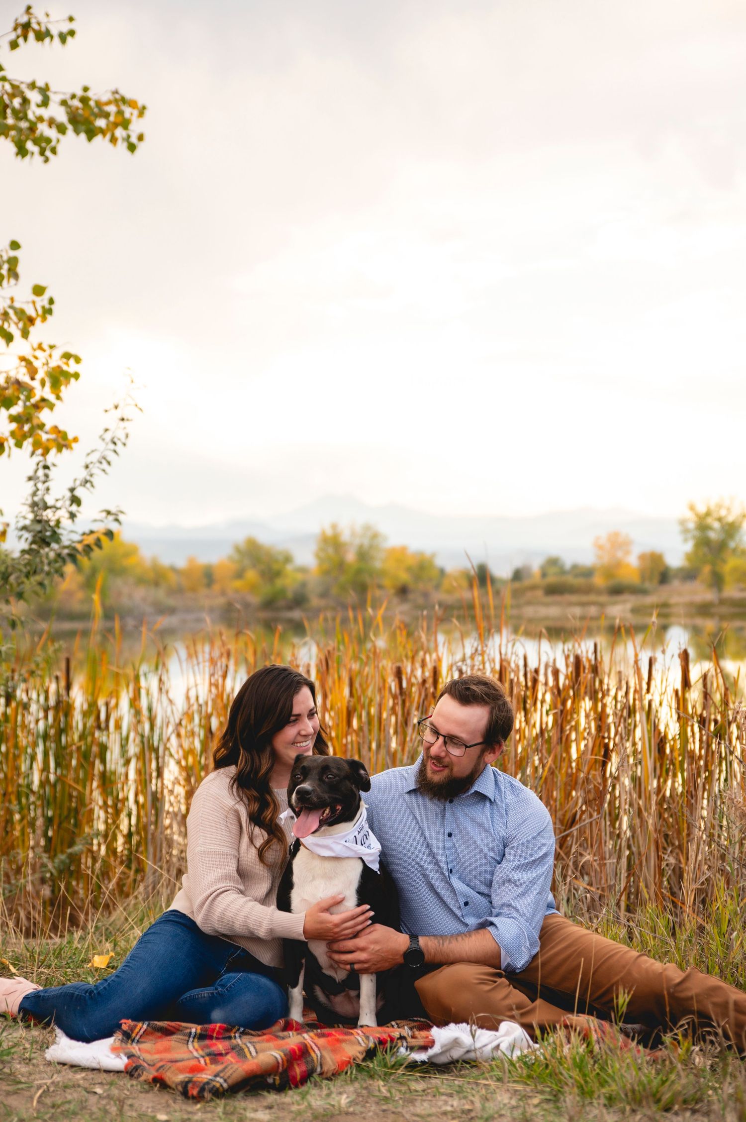 Couple sitting on plaid blanket by autumn lake with tall cattails and their pug dog at sunset.