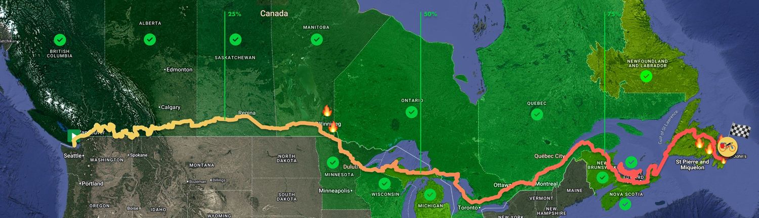 A map showing a cross-country route spanning Canada from coast to coast.