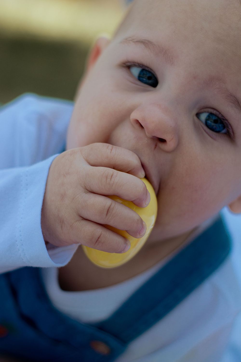 A small baby in white and navy clothing chews on a yellow object while gazing upward with bright blue eyes.