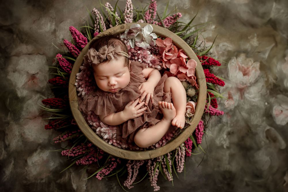 Newborn photography with pink flowers and green foliage in round wooden bowl against textured grey background during austin tx newborn shoot