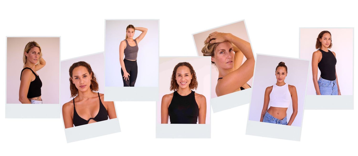 Multiple polaroid photos of women wearing athleisure and exercise outfits arranged in horizontal layout.