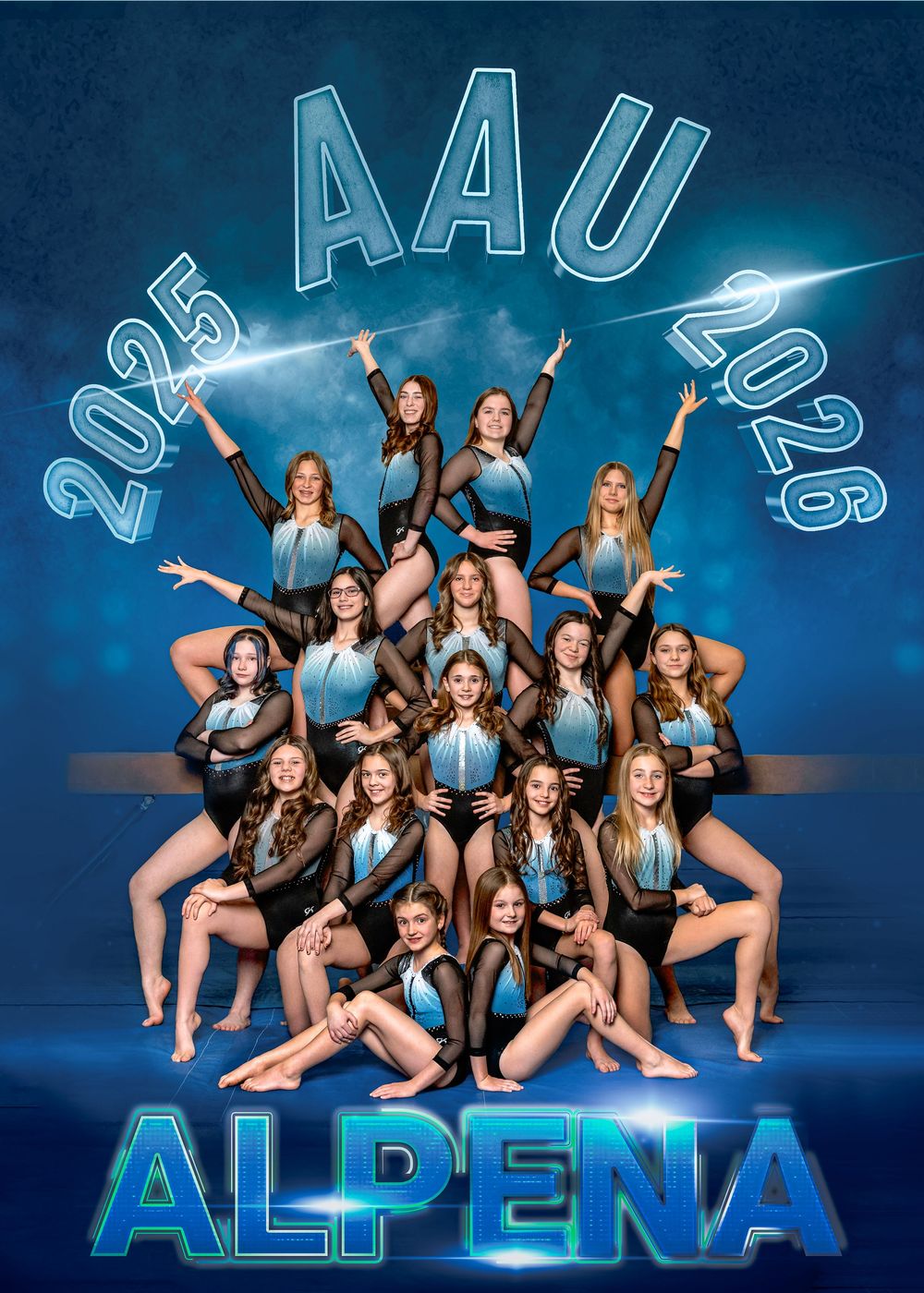 Gymnastics team poses in blue and black uniforms for their 2025-2026 AAU Alpena season photo.