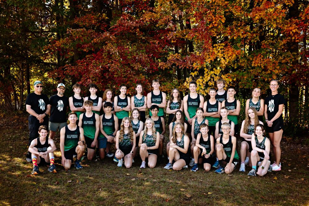 A series of group photos showing a sports team sitting together against a backdrop of autumn foliage and trees.