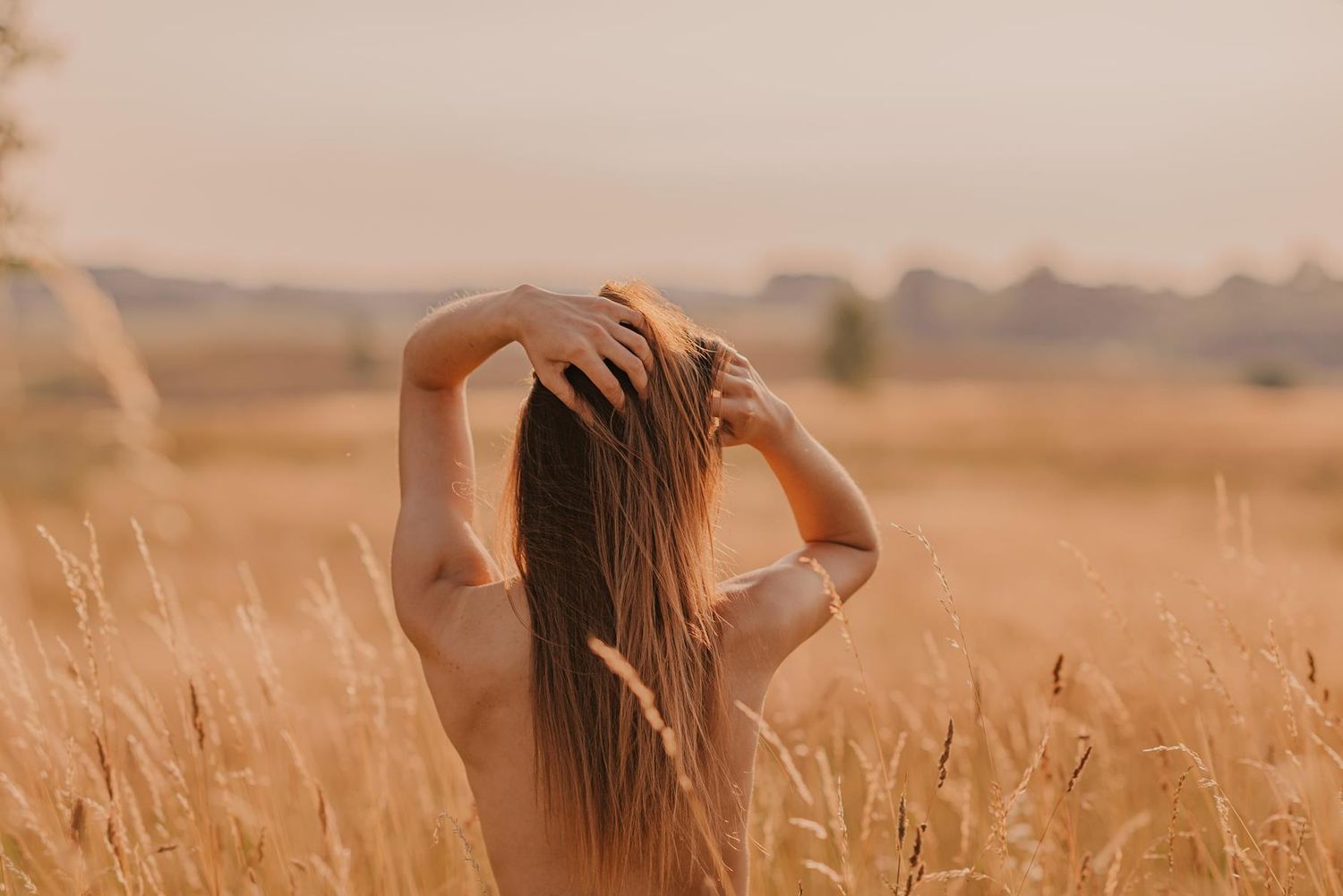 Woman walking through golden wheat field at sunset with her hand gently touching the tall swaying stalks.