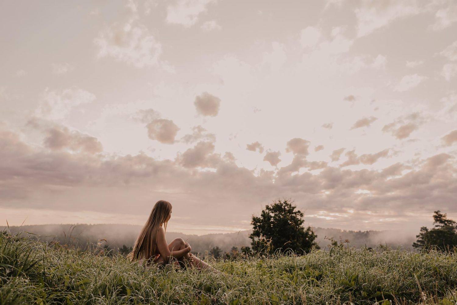 Panoramic landscape view of silhouetted figures sitting in a wildflower meadow at sunset with dramatic cloudy sky.