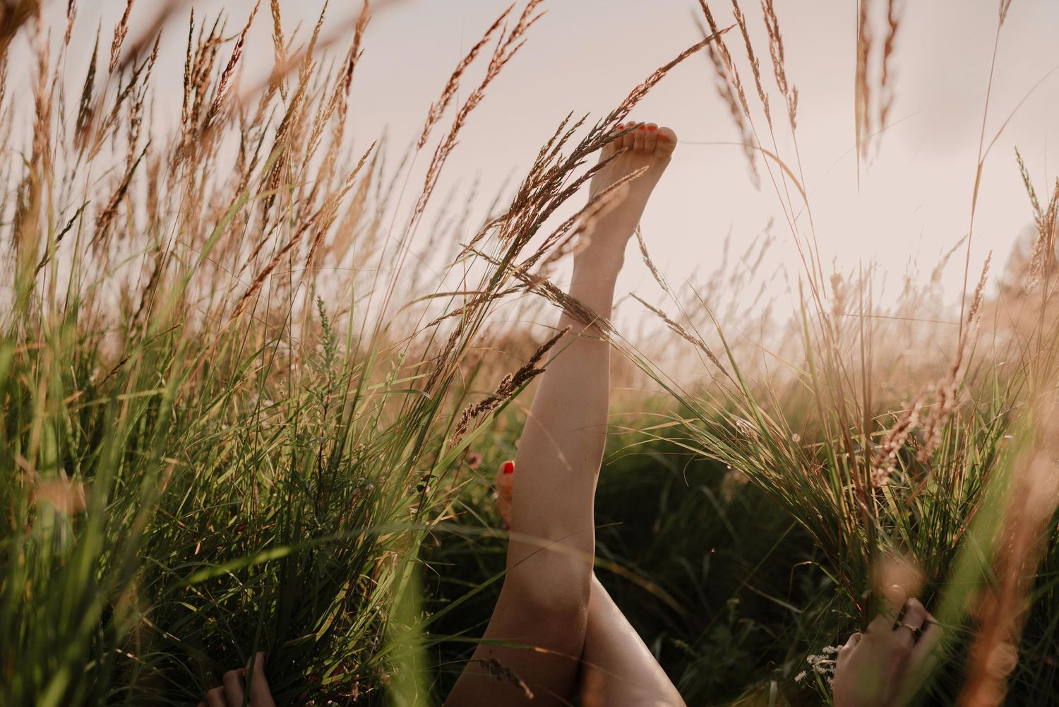 Silhouette of a woman with blown hair stands in backlit golden meadow at sunset creating an ethereal mood.