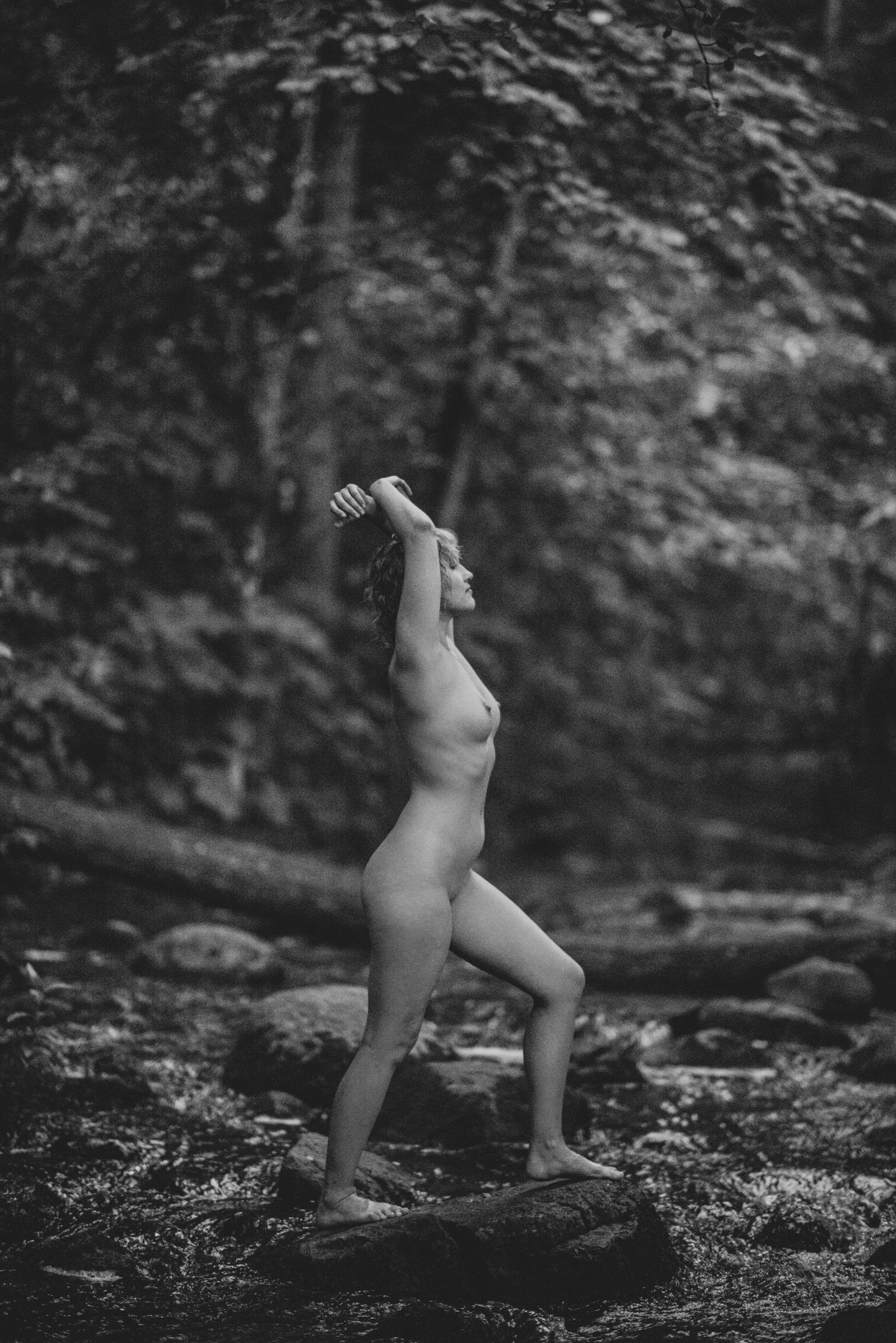 Artistic black and white nude figure posing gracefully on rocks near a stream in a forest setting.