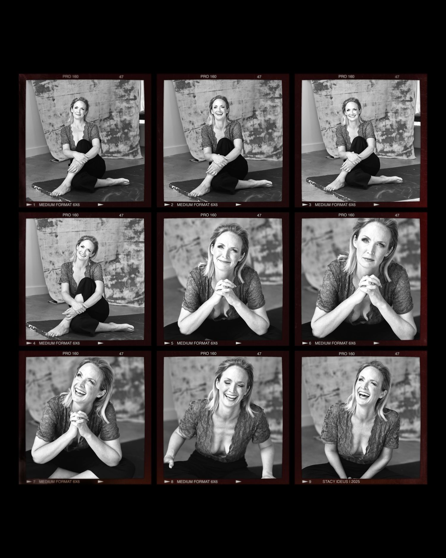 Contact sheet of black and white portrait photographs showing various expressions and poses.