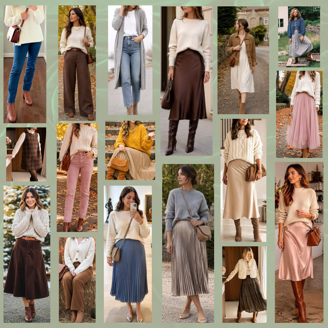 Fashion moodboard collage showing winter outfit styles with cozy sweaters, plaid skirts, and boots in warm brown tones.