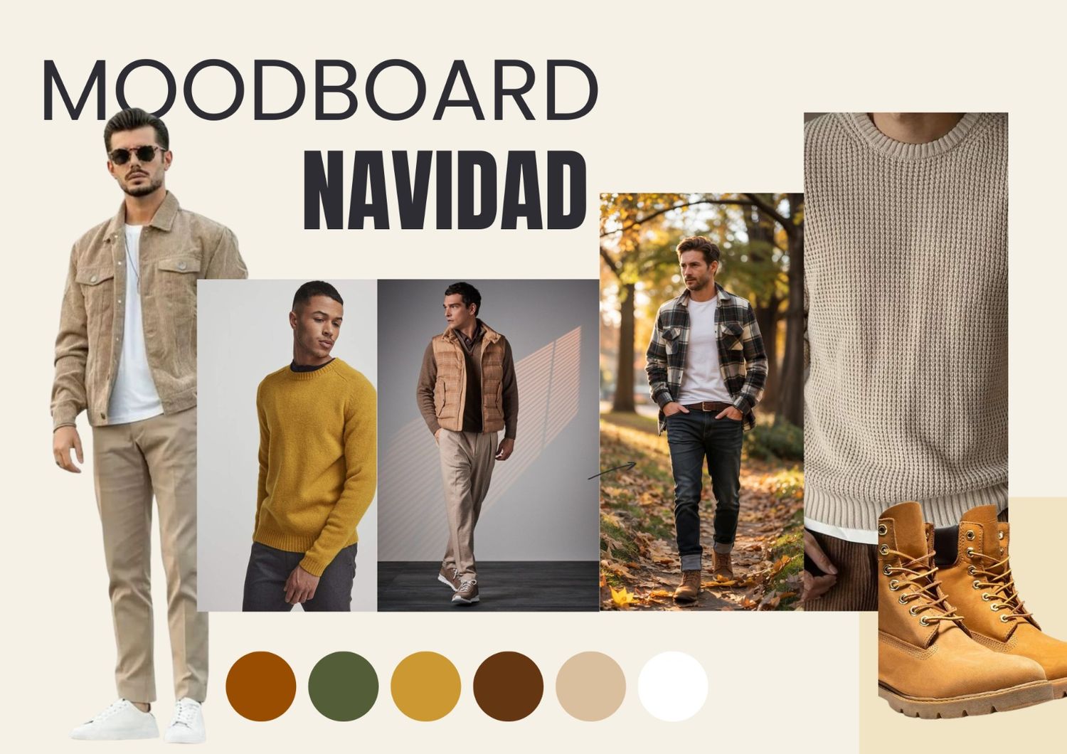 Fashion moodboard collage showing winter outfit styles with cozy sweaters, plaid skirts, and boots in warm brown tones.